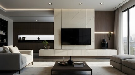 modern and minimal living room interior design, TV wall design, contemporary interior design, 3D render, cinematic lighting