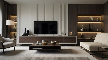 modern and minimal living room interior design, TV wall design, contemporary interior design, 3D render, cinematic lighting
