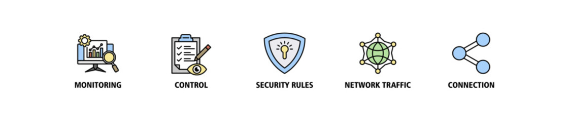 Firewall banner web icon set vector symbol illustration concept for network security system with icon of monitoring, control, security rules, network traffic and connection