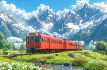 The red train is driving on the green grass, with mountains in the background and white clouds floating above it