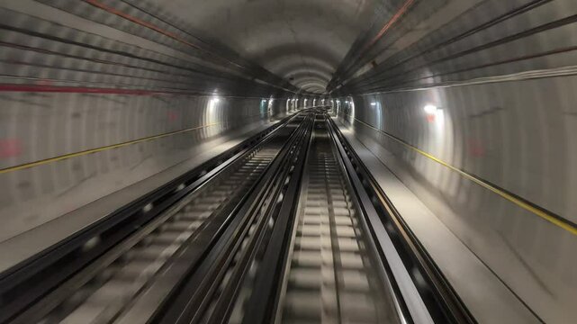 4K. Time lapse automatic train subway tunnel fast speed. Metro subway with a tunnel and a train moving fast. Tube lines in the tunnel. 4K.Time lapse automatic train subway tunnel fast speed
