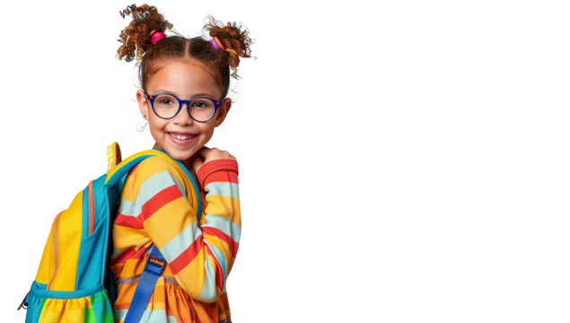 Smiling schoolgirl with a colorful sweater, glasses, and backpack on a transparent isolated background. Ideal for back-to-school themes, education promotions, and happy student imagery. - Powered by Adobe