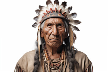 Obraz premium American Indian on a white background. History of America. History book. Historical reconstitution. Indian Chief.