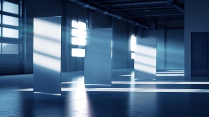 camera angle long short Image of 3 large mirrors on the same plane in a dark room