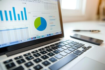 Minimalist desk with laptop showing email marketing results pie chart for analysis
