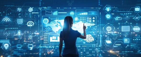 girl using 3d model of world map for quick analysis of the area 