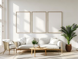 Mockup poster frame on the wall of the living room. Luxurious apartment background  and 3d render.