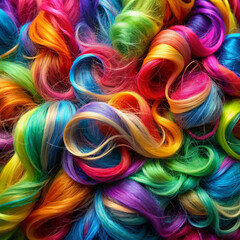 Abstract background of multicolored vibrant soft hair locks in mess