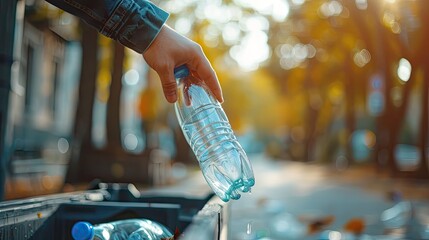 a hand throws away a plastic bottle. Selective focus