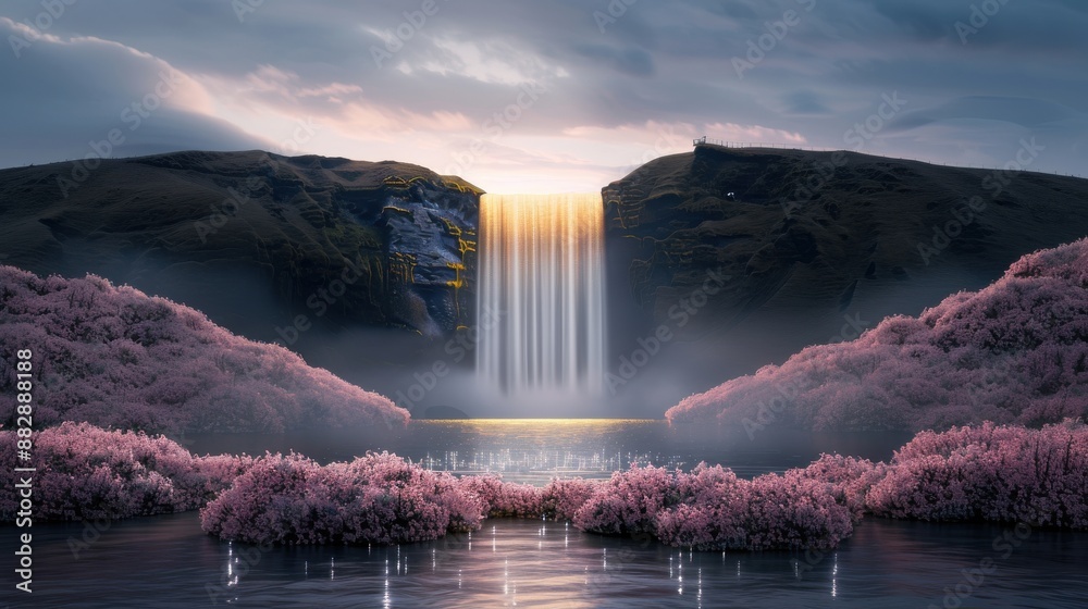 Wall mural A waterfall is surrounded by pink flowers and a body of water