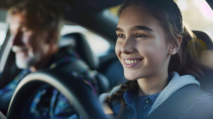 A young woman driving a car. Training at a driving school