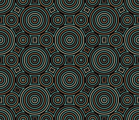 Multicolored concentric circles and rings outlined with thin black lines. Abstract geometric design in retro style. Seamless repeating pattern.