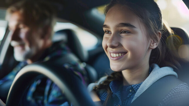 A young woman driving a car. Training at a driving school