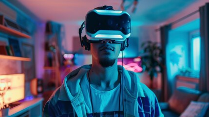 Stylish gamer playing virtual reality games in his home setup, wearing a VR headset, with a high-tech gaming room ambiance