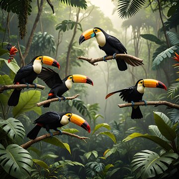 group of  toucan on a tree,toucan on a tree,Toucan close up view, Toucan with feathers, Toucan, Toucan full picture with simple background, top level view, Toucan, 3d picture of Toucan,toucan in jungl