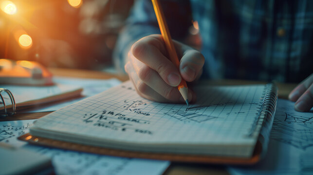 Close-up of hand writing mathematical equations on paper