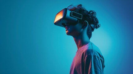 Cheerful young man experiencing virtual reality with a sleek VR headset, standing in front of a bright solid cyan background with copy space