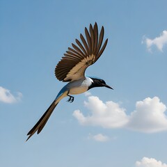 Obraz premium A male Japanese paradise flycatcher in mid-air, its striking black and white plumage spread wide, against a blurred green background.
