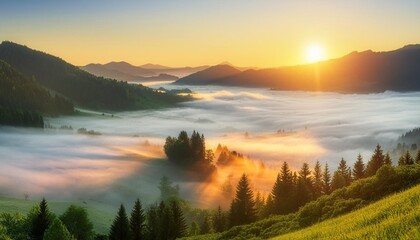 Fototapeta premium Sunrise over a fog-covered valley