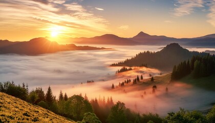 Obraz premium Sunrise over a fog-covered valley