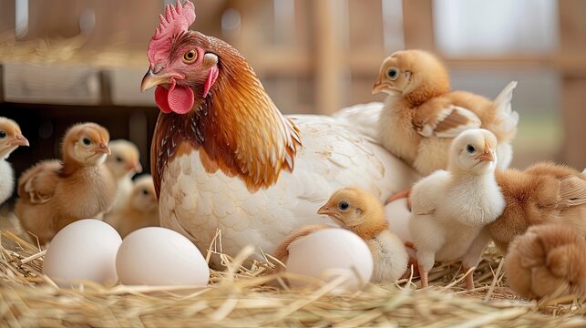 A hen with chicks stands on straw in a rustic barn, near a pile of brown eggs.