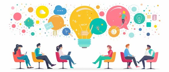 Fototapeta premium colorful creative agency business brain storm meeting people with icon line presentation young people team discussing roadmap