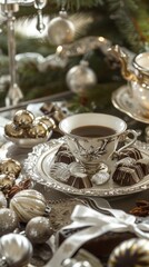 The New Year's festive table is decorated with shiny Christmas tree decorations, a lot of chocolates and gifts, aromatic coffee in a beautiful cup