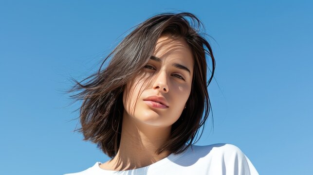 A woman with short, brown hair stands outdoors against a bright blue sky, her hair blowing gently in the wind