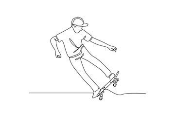 One continuous line drawing of young man playing roller skating at weekend. Weekend activities concept. Dynamic single line draw design graphic vector illustration