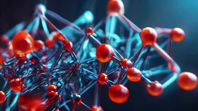 Atomic Structure: Red spheres and blue rods represent atoms and bonds, illustrating molecular intricacies with vivid colors. Ideal for chemistry and molecular biology aficionados.