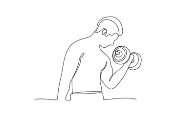 One continuous line drawing of young man doing gym for the weekend. Outdoors activities concept. Dynamic single line draw design graphic vector illustration