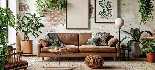 Living room interior design with poster frame mockup, brown sofa, plants, wooden coffee table, lamp, ball, stylish rug, plaid, pillows and personal accessories. Home decor. 