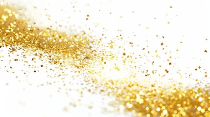 Gold glitter scattering on a white background, creating a festive and sparkling effect.