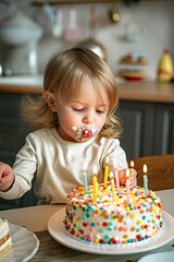the child blows out the candles on the cake. Selective focus