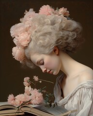 Portrait of a woman with a floral headdress, peacefully asleep over an open book.