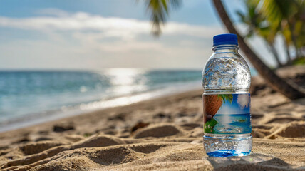 Photo of coconut water on beach with sea background