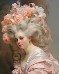 Portrait of an aristocratic woman with a large floral headdress adorned with ribbons.