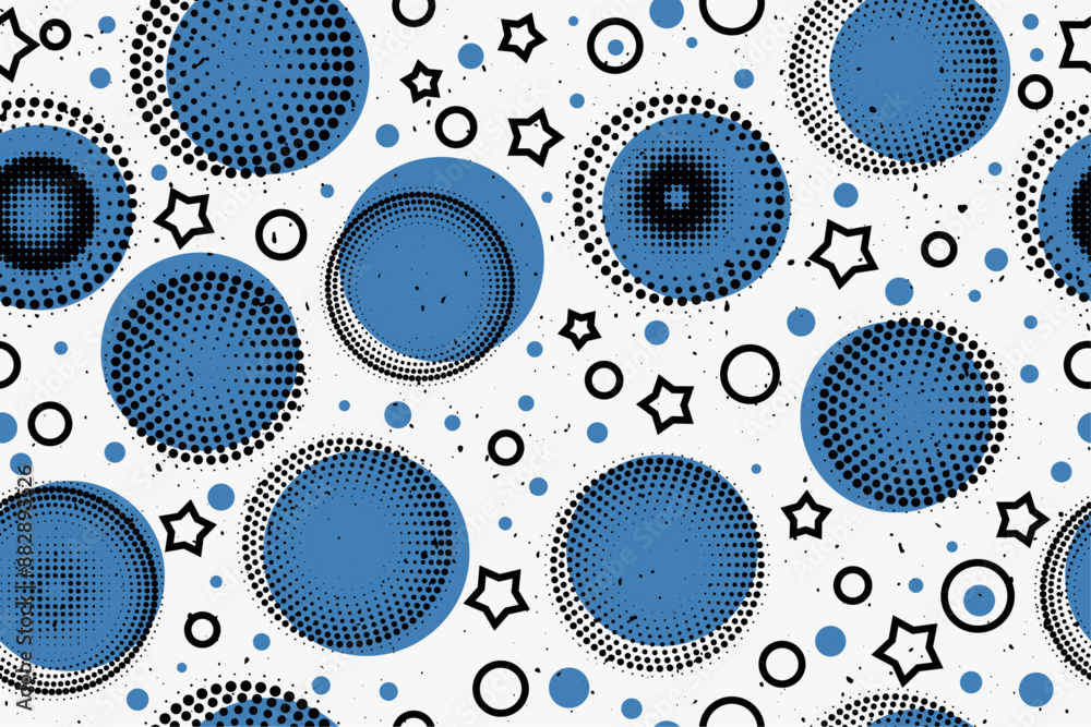 Poster Abstract seamless blue circles. Vector pattern of stylish circles covered with halftones of small dots.