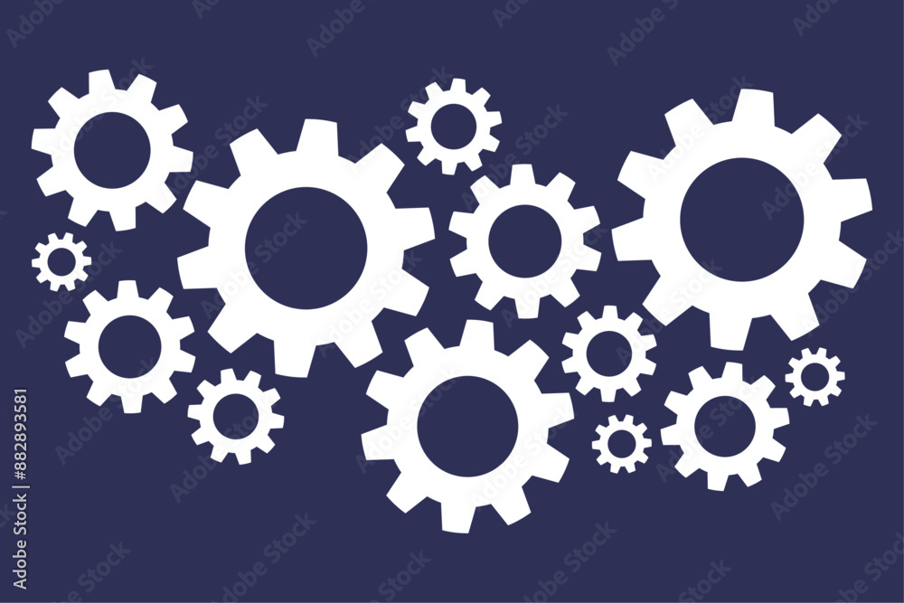 Poster mechanical gears of various sizes. blue background and gear mechanism.
