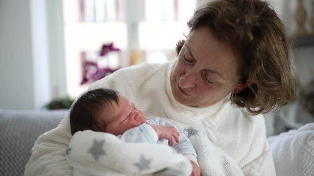 Elderly woman gazing lovingly at newborn baby, heartfelt family moment, intergenerational connection, grandmother and grandchild, cozy living room, nurturing home environment