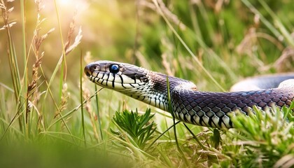 Fototapeta premium Close-up of a snake slithering through grass