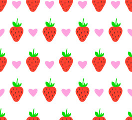 Cute red strawberry with pink hearts on a light white background. Floral seamless pattern, print, vector illustration
