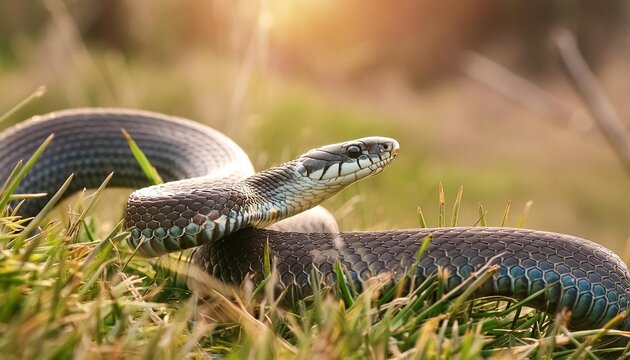 Close-up of a snake slithering through grass