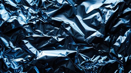 Trendy foil paper background. Texture of dark blue crumpled foil paper.