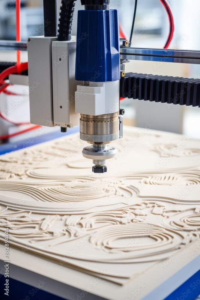 Poster cnc machine crafting intricate object from composite material showcasing strength and versatility