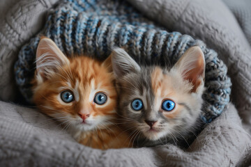 two kittens are looking up, one has blue eyes.