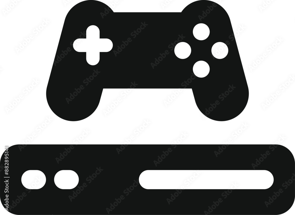 Poster black and white icon of a video game console with a controller floating above