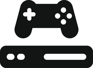 Black and white icon of a video game console with a controller floating above