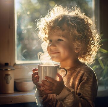 A Little Boy With Curly Hair Holding A Cup And Drinking Coffee 