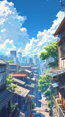 Obraz premium Illustration style, Japanese manga style, noon city, high angle perspective, buildings, sunshine, blue sky, white clouds, blue and white, delicate and simple strokes, 4k 